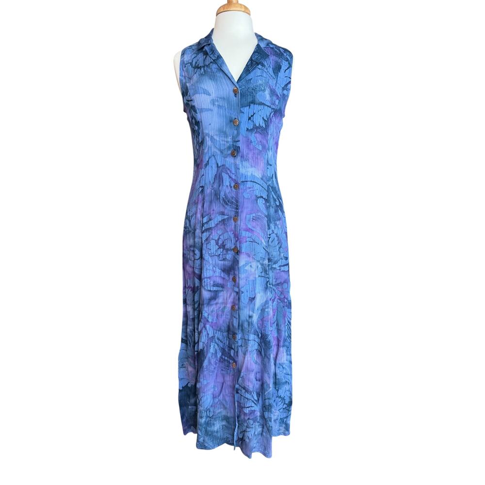 Oceania Blue Tropical Print Button Front Maxi Midi Dress Sleeveless M 90s Y2k